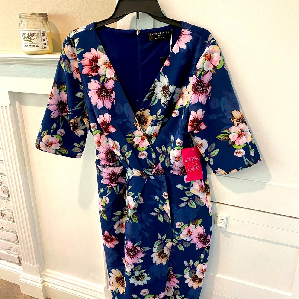 Paperdolls London faux wrap dress in navy/floral